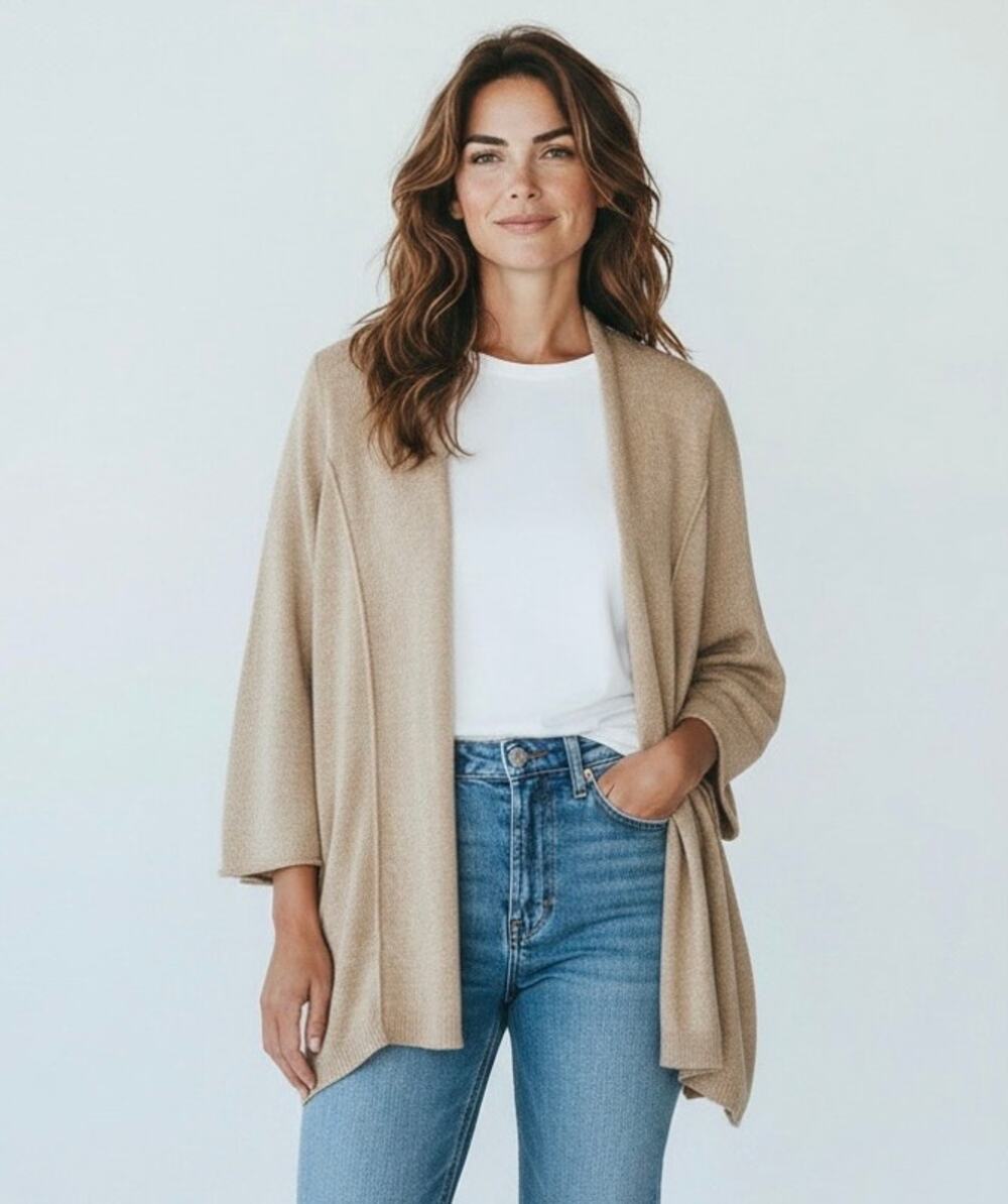 August Silk Cardigan, Women's Size XL, Tan And Gold Cozy Sweater, Vacation Cozy